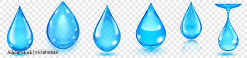 Set of realistic translucent water drops in blue colors in various shapes with glares and shadows, isolated on transparent background. Transparency only in vector format