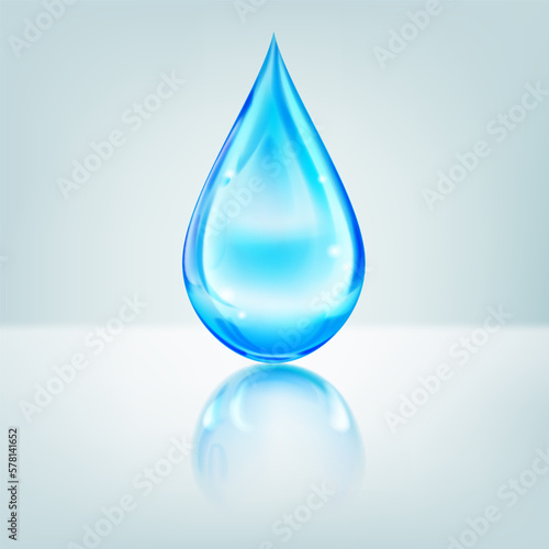 One big realistic water drop in blue color with glares and reflection