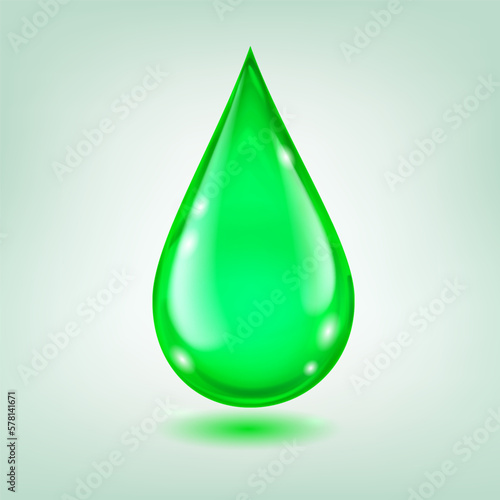 One big realistic water drop in green color with glares and shadow