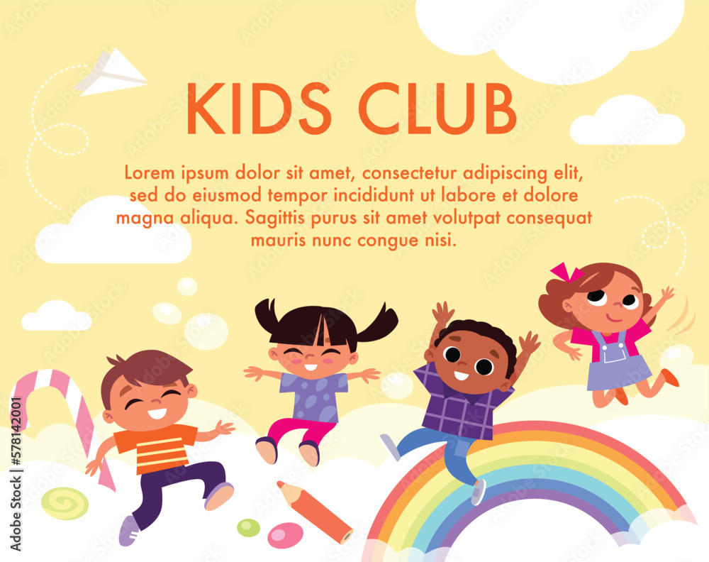 Children playing. Colorful children template with summer background ...