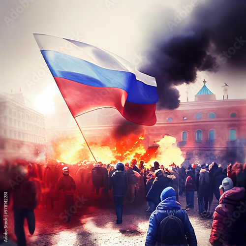 Protests in Russia. People fighting with flags at demonstration. AI generative.