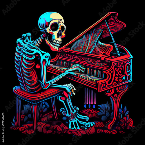 Surreal multicolored skeleton playing piano. AI generative.