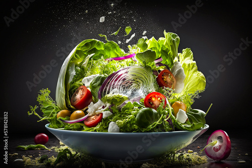 Salade verte composée volante, avec tomate - Générative IA