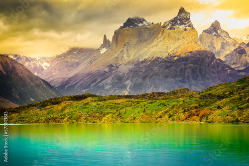 Horns of Paine and Lake Pehoe at sunset, Torres Del Paine, Patagonia, Chile