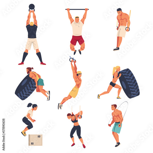 Crossfit Workout with Man and Woman Doing Physical Exercise Engaged in Competitive Fitness Sport Vector Set