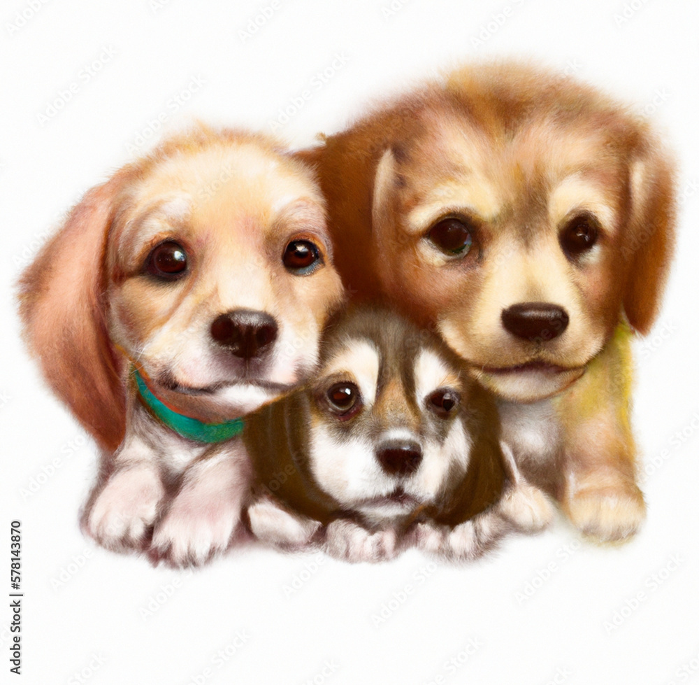 drawing of three puppies over white background, created with AI generative tools drawing of three puppies over white background, created with AI generative tools