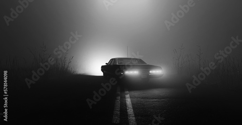 Black and white image of a car parked in middle of road in foggy moody forest