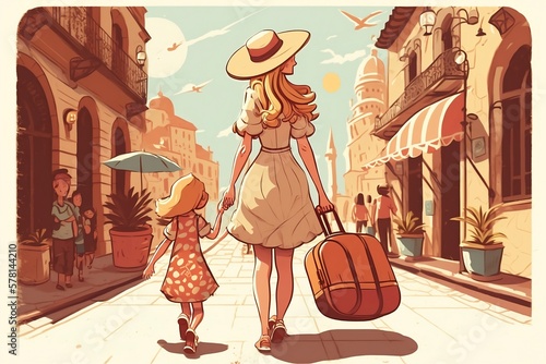 Mother's day travel illustration. Mother and daughter walking on the street. Generative AI