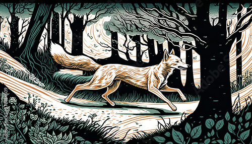 An illustration of fox running down the woods on the night background. Japanese art style for wall decoration, wall art, banner. 