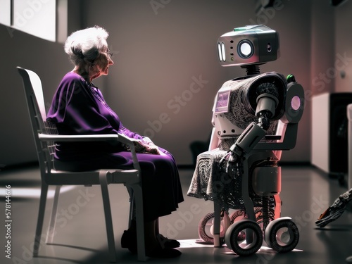 Future of geriatric care with robots in retirement home. AI generated, human enhanced. Background photo