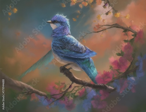 Colorful bird on top of beautiful flowers. AI generated, human enhanced. Background