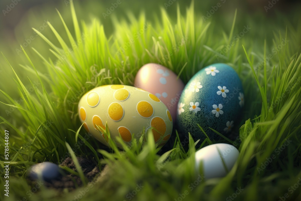 Easter eggs, selective focus. Spring holiday concept. AI generated