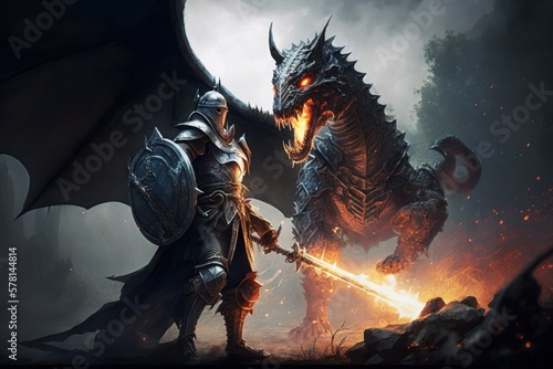 The epic scene of the battle of a knight with a dragon. Fairy tale atmosphere. AI generated © top images