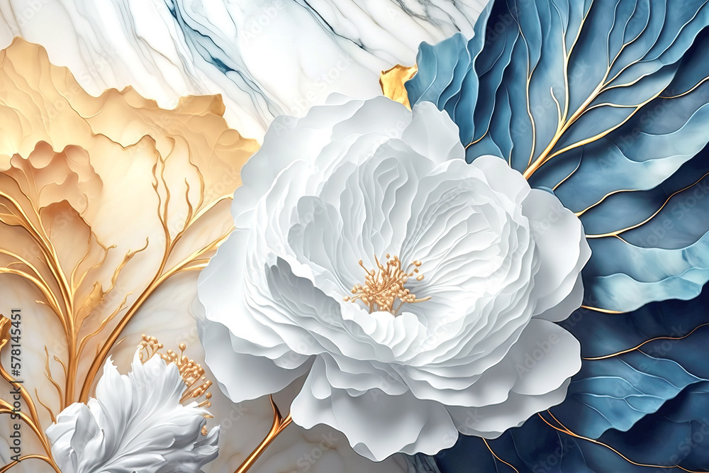 White flowers on white and blue marble background Stock Illustration ...