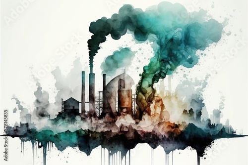 factory building  Carbon Dioxide  Pollution  Chimney smoke  Abstract watercolor illustration  isolated on white  Generative AI