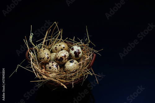 Happy Easter background concept. Easter decoration as nest in basket with quail eggs. Creative easter layout. Copy space