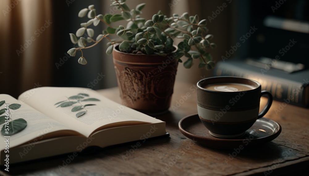 Cup of coffee on a table with a book and a plant. Generative AI Cup of coffee on a table with a book and a plant. Generative AI
