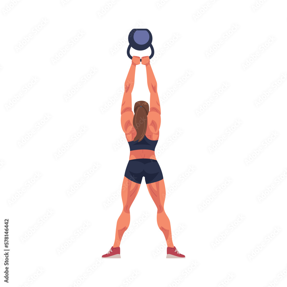 Fototapeta premium Crossfit Workout with Woman Lifting Heavy Kettlebell Doing Physical Exercise Vector Illustration