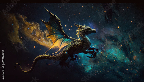 Dragon flying through space. Generative AI