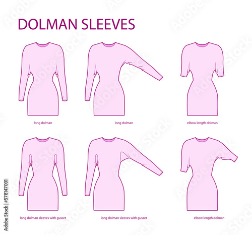 Set of Dolman sleeves Magyar clothes - long, elbow, with gusset length technical fashion illustration with fitted body. Flat apparel template front side. Women, men unisex CAD mockup