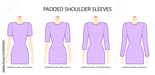 Set of Padded shoulder sleeves clothes - long, short, 3-4, elbow length technical fashion illustration with fitted body. Flat apparel template front side. Women, men unisex CAD mockup