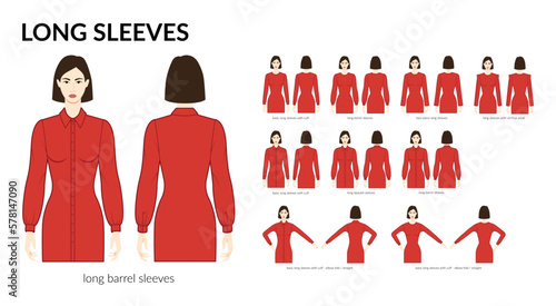 Set of Long sleeves basic clothes with cuff, long length, barrel, vertical pleat, epaulet technical fashion illustration, fitted. Flat apparel template front, back sides. Women, men unisex CAD mockup
