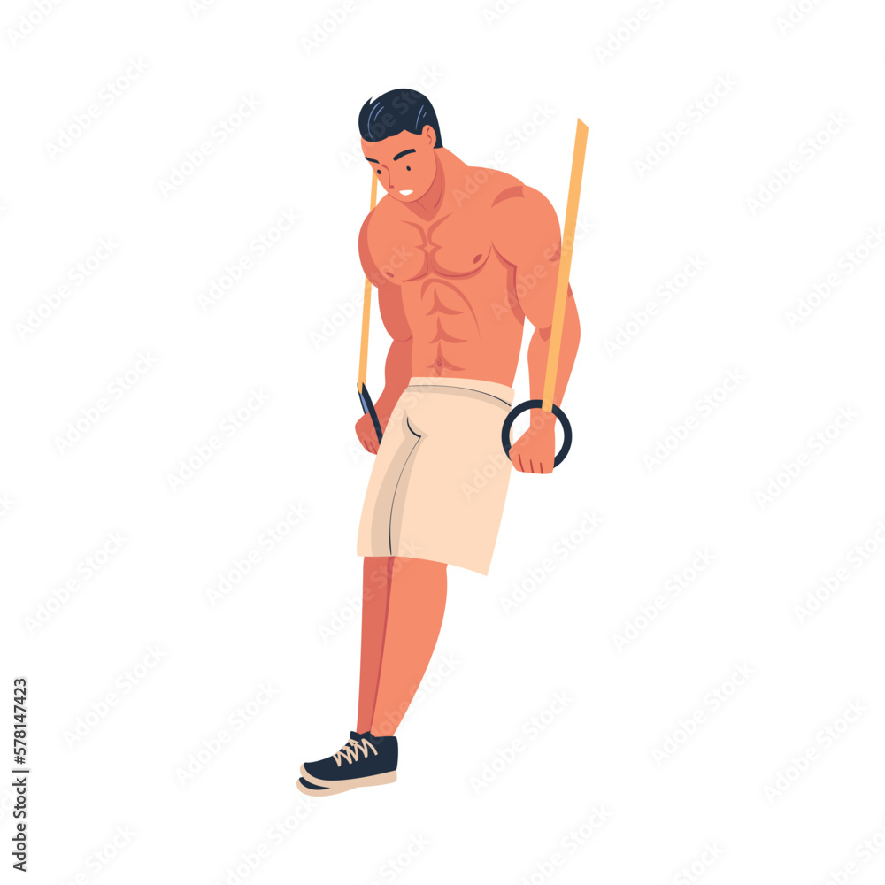 Crossfit Workout with Man Hanging on Gymnastics Rings Doing Physical Exercise Vector Illustration Crossfit Workout with Man Hanging on Gymnastics Rings Doing Physical Exercise Vector Illustration