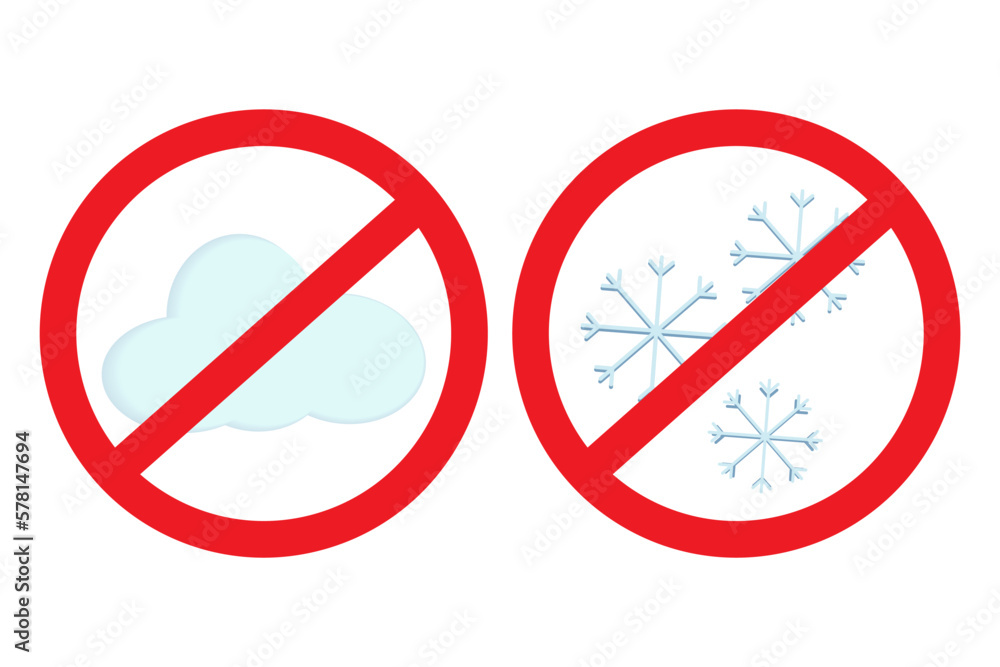 A set of three snowflakes and cloud in the 3D style under the sign of a ban. Sticker. Icon. Isolate. A set of three snowflakes and cloud in the 3D style under the sign of a ban. Sticker. Icon. Isolate.