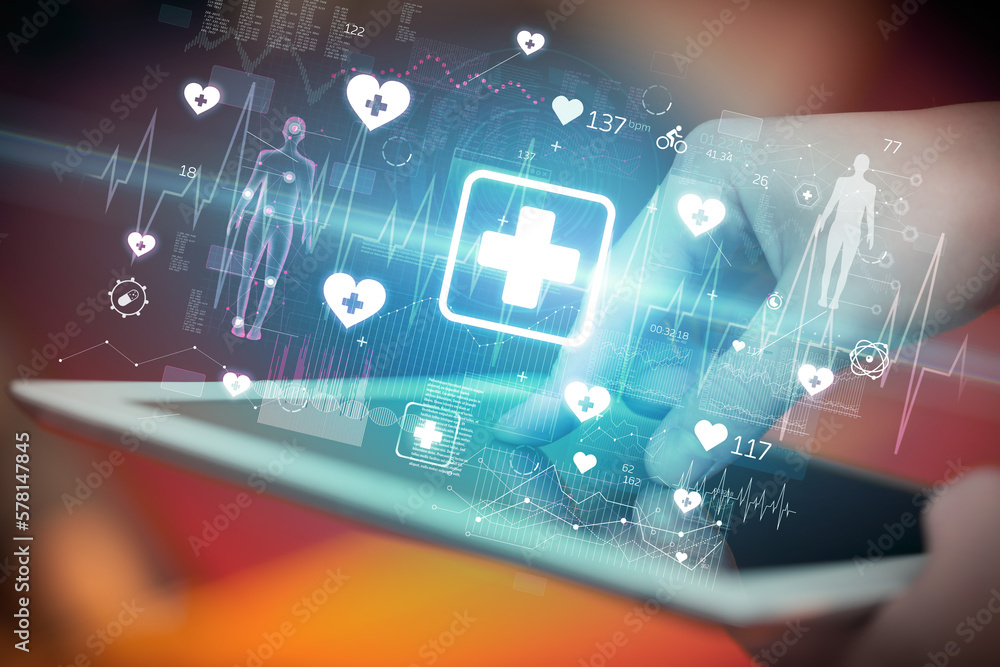 Close-up of a touchscreen with healthcare icons Close-up of a touchscreen with healthcare icons