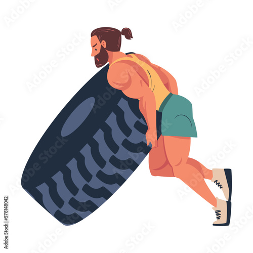 Crossfit Workout with Muscled Man Tyre Flipping Doing Physical Exercise Vector Illustration