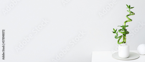 Vase with bamboo branches on table against white background with space for text © Pixel-Shot