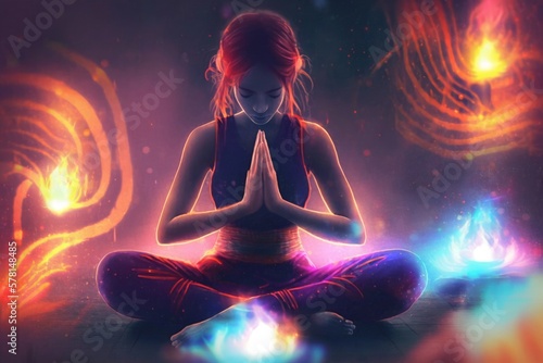 Meditating Person surrounded by Flames and Lightning in Lotus Pose, Connected to Meditative Space, Generated by AI