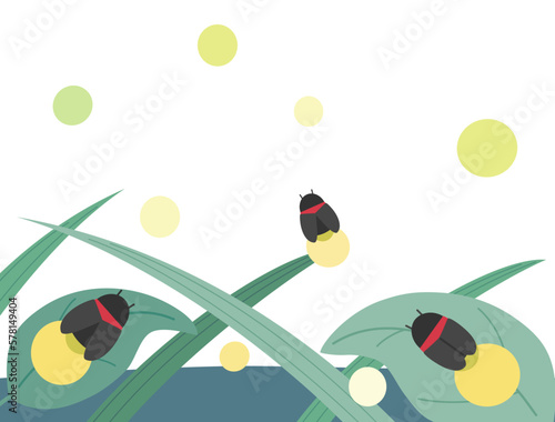 葉っぱにとまっているホタルと飛んでいるホタルのイラスト