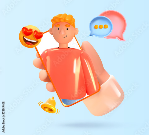 The guy on the phone screen. Mobile in hand. 3d. Video call. Vector illustration