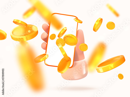 Coins flying from the mobile screen. 3d. Phone in hand. Win or win. Falling coins, money. Vector illustration