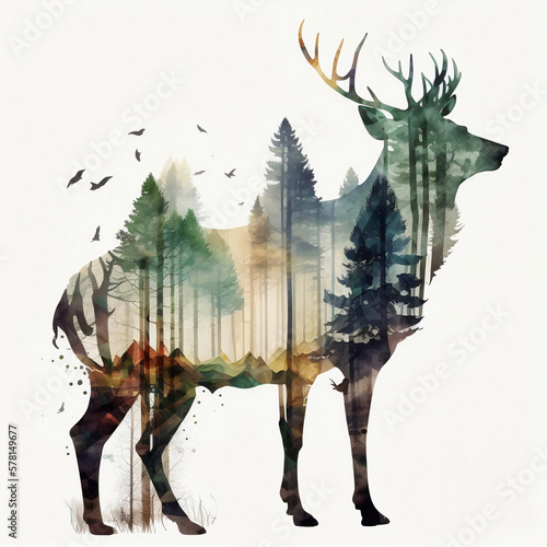 Double exposure dear and forest watercolor