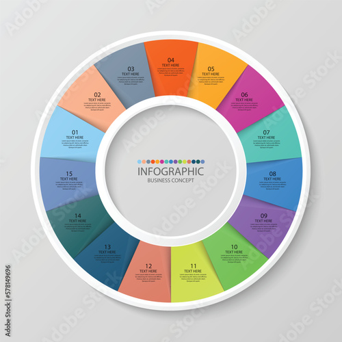 Basic circle infographic with 15 steps, process or options.