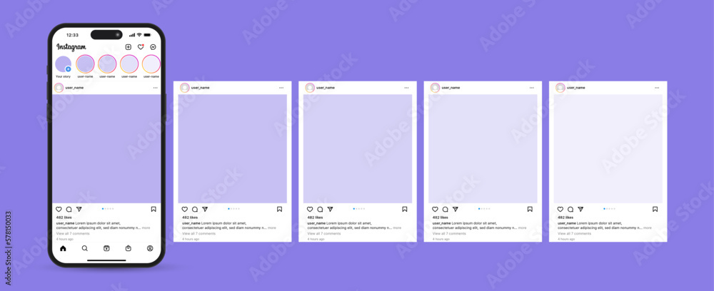 Vecteur Stock instagram mockup social media post carousel template frame ,  instagram feed post mock up with smartphone and scroll frame pages ,  instagram app page template with slider photos frame mockups