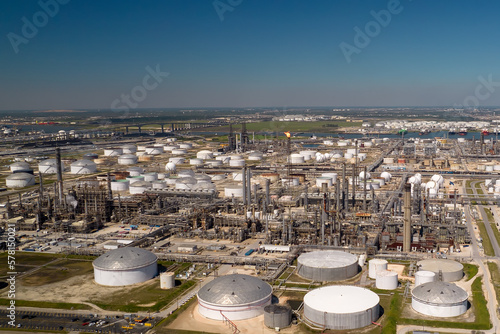 Aerial view of chemical factory in Texas. Production of oil products in chemical factory.