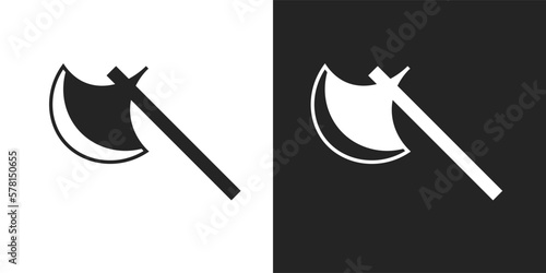 black and white axe weapon logo, icon. weapon, axe, blade, hatchet, wooden, steel, metal, lumberjack, iron, cut, sharp, axe weapon, tool, equipment, clipart, sticker, flat, simple, vector illustration