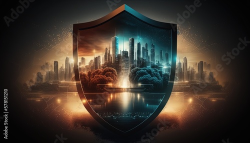 A futuristic image of a city skyline with a digital shield or firewall in the foreground, symbolizing secure digital infrastructure. Generative AI