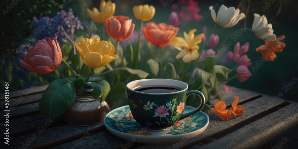a cup of coffee on a table in a beautiful lush spring garden, generative ai - obrazy, fototapety, plakaty 