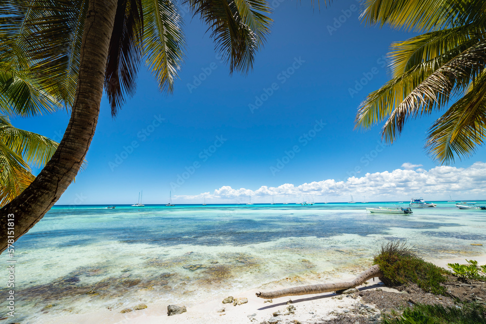 Boats and tropical beach in caribbean sea, Saona island, Dominican Republic