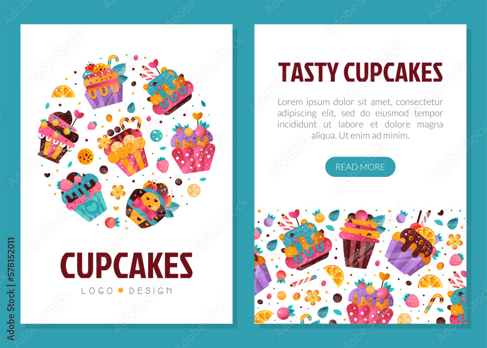 Cupcakes mobile app templates set. Confectionery, bakery shop, cafe promotion landing page. Advertising of tasty desserts vector