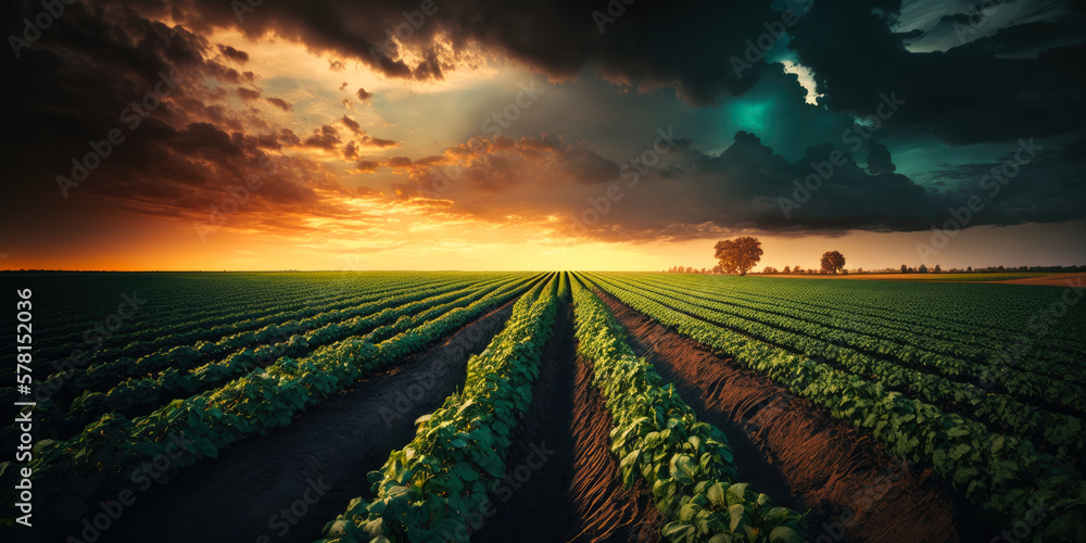 agricultural fields at sunset with dramatic clouds, generative ai