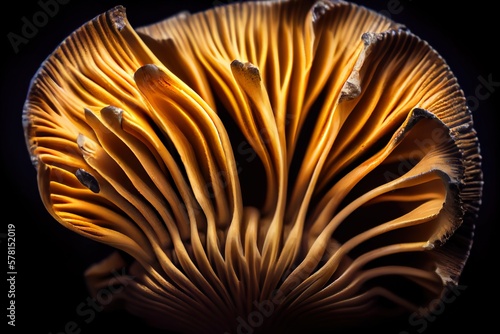 Toxic Beauty - Close-up of Gills of a Poisonous Mushroom on Black Background. Generative AI.