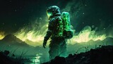 Discover alien worlds with this captivating Firefly bacteria emitting a ghostly green glow, armored in space suits on the surface of a distant planet, with a stunning galactic sky. Generative AI