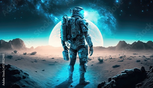 Discover alien worlds with this captivating Firefly bacteria emitting a ghostly blue glow, armored in space suits on the surface of a distant planet, with a stunning galactic sky. Generative AI