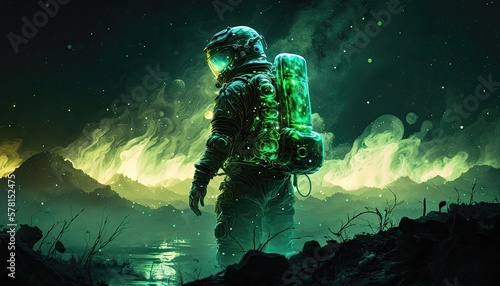 Discover alien worlds with this captivating Firefly bacteria emitting a ghostly green glow, armored in space suits on the surface of a distant planet, with a stunning galactic sky. Generative AI