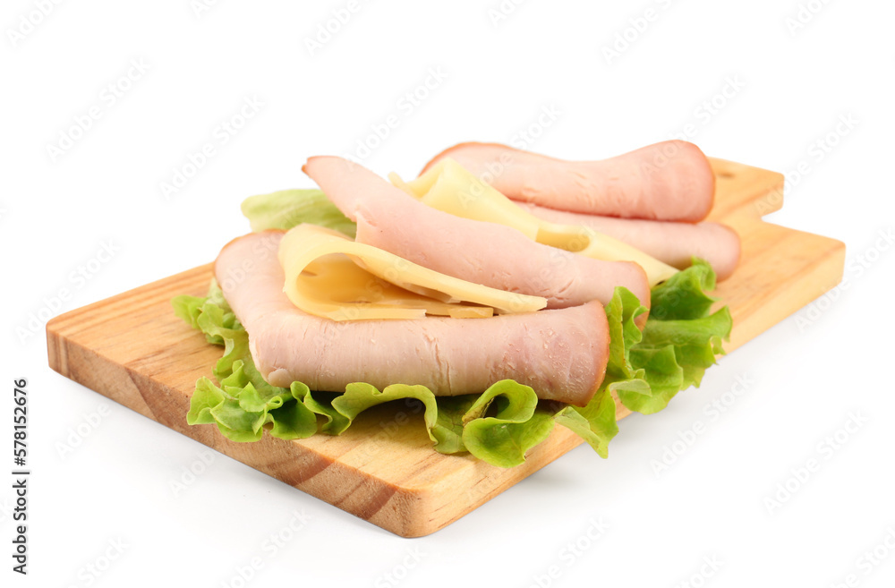 Board with slices of tasty ham, lettuce and cheese isolated on white background Board with slices of tasty ham, lettuce and cheese isolated on white background
